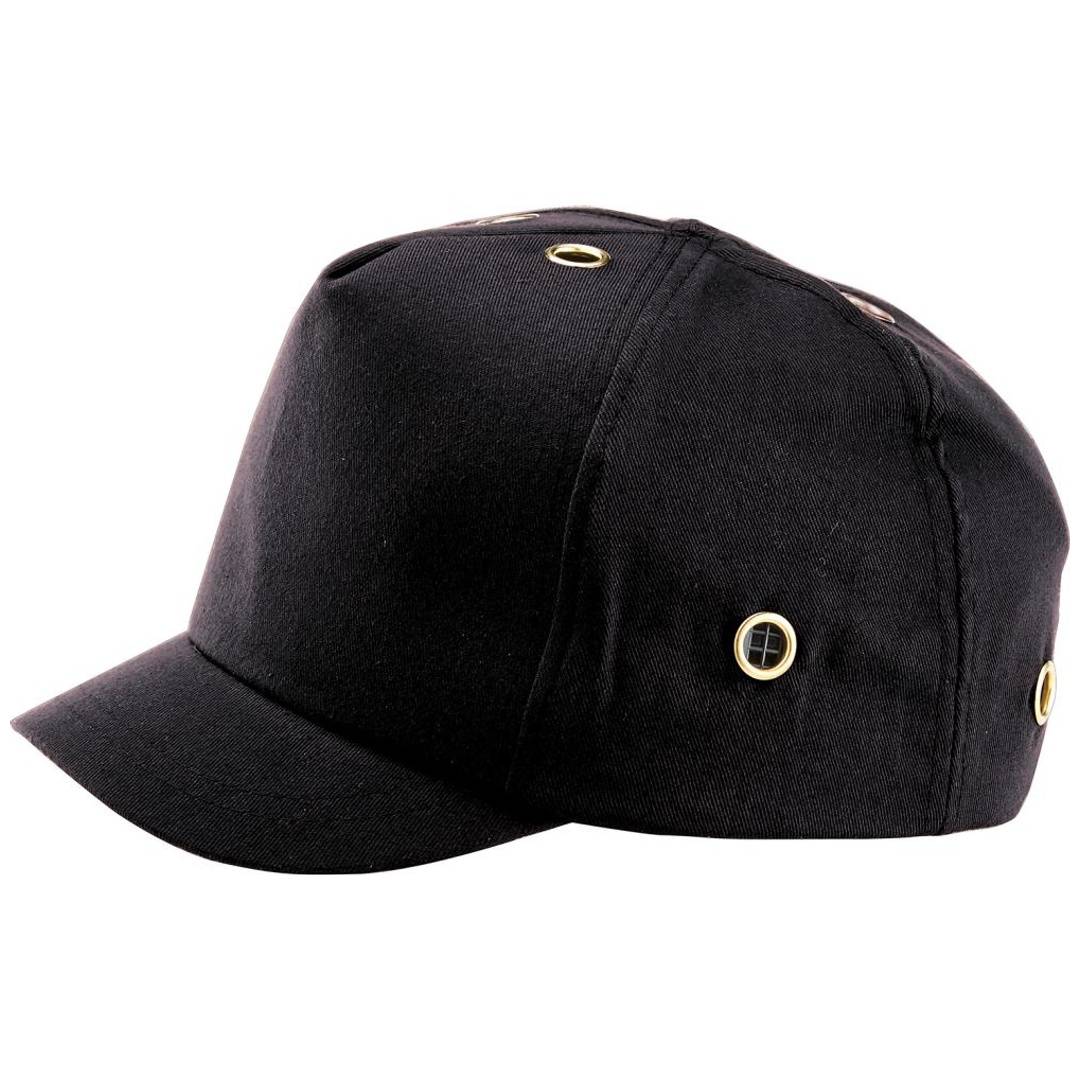 Schwarze Baseballkappe mit gebogener Krempe und goldfarbenen Ösen, gezeigt auf weißem Hintergrund.