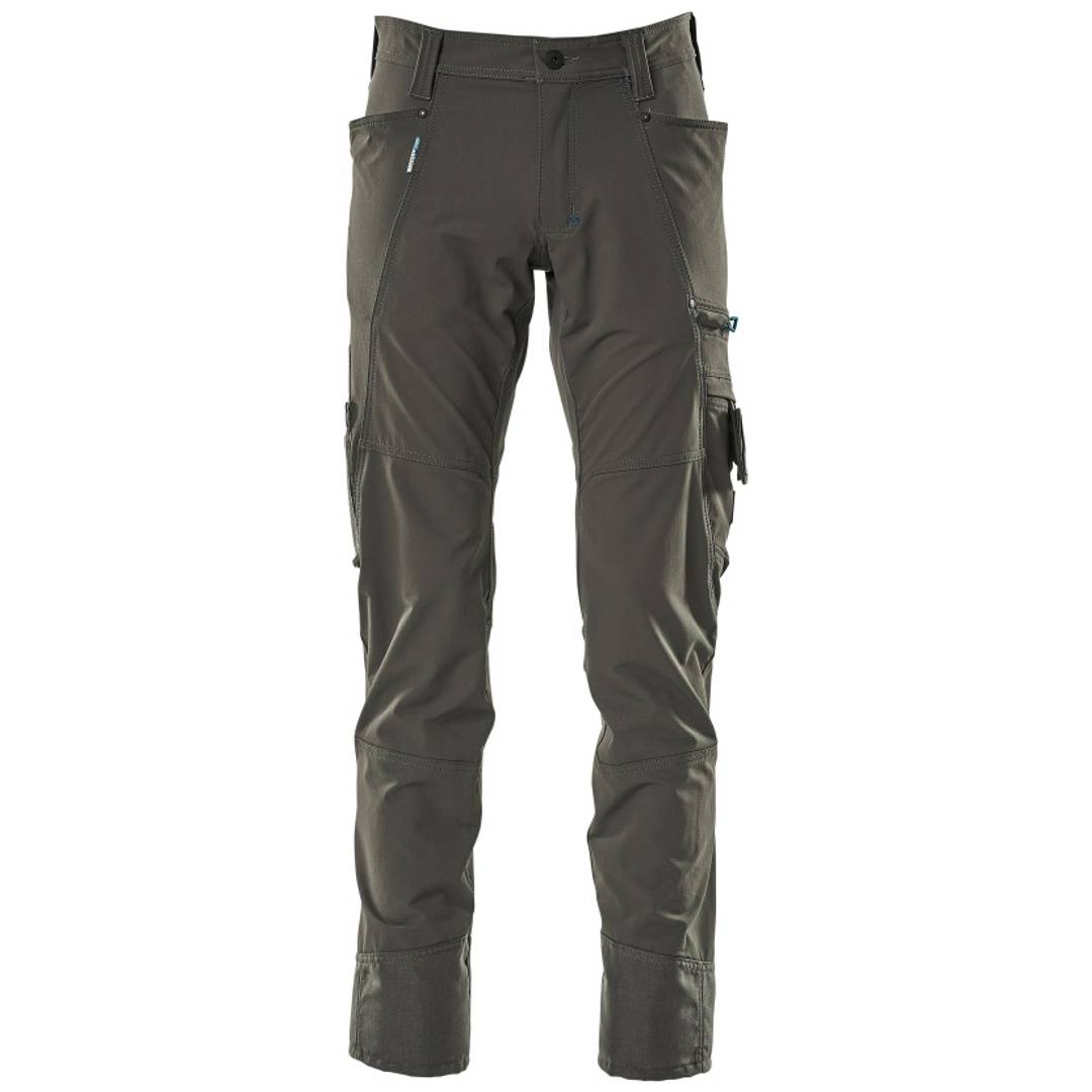 Dunkelgraue Cargohose mit mehreren Reißverschluss- und Klappentaschen, Vorderansicht auf weißem Hintergrund.