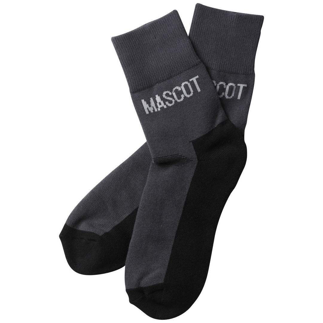 Paar dunkelgraue und schwarze Arbeitssocken mit 'MASCOT'-Branding auf weißem Hintergrund.