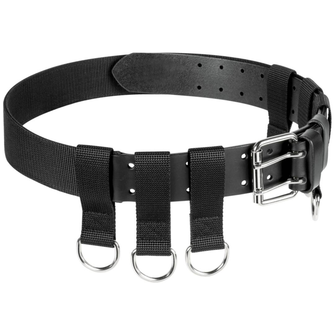 Schwarzer Leder- und Nylongürtel mit Metallschnalle und drei D-Ringen, auf weißem Hintergrund gezeigt.