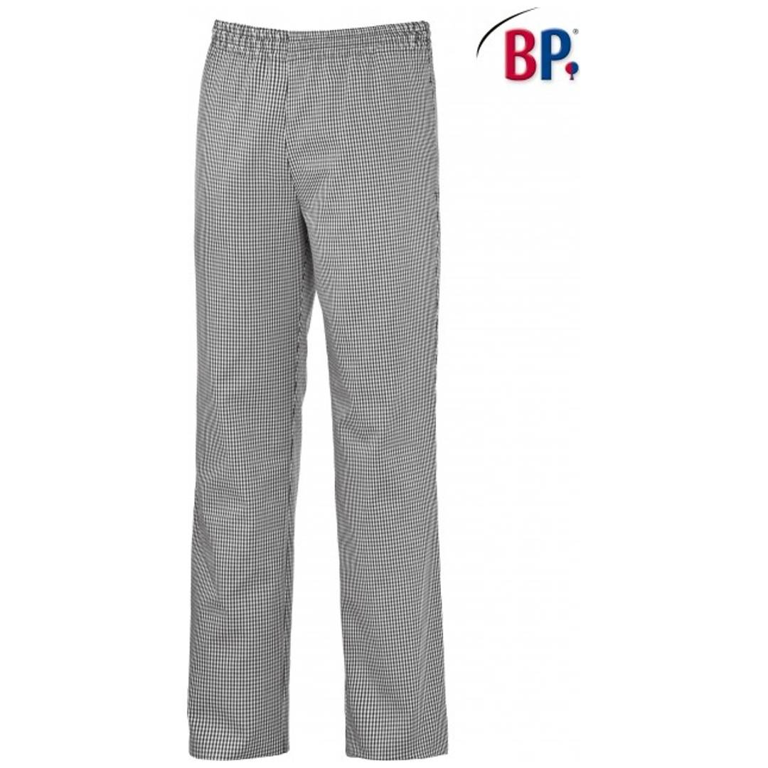 Grau-weiß karierte Herrenhose, Vorderansicht auf weißem Hintergrund, mit BP-Logo oben rechts.