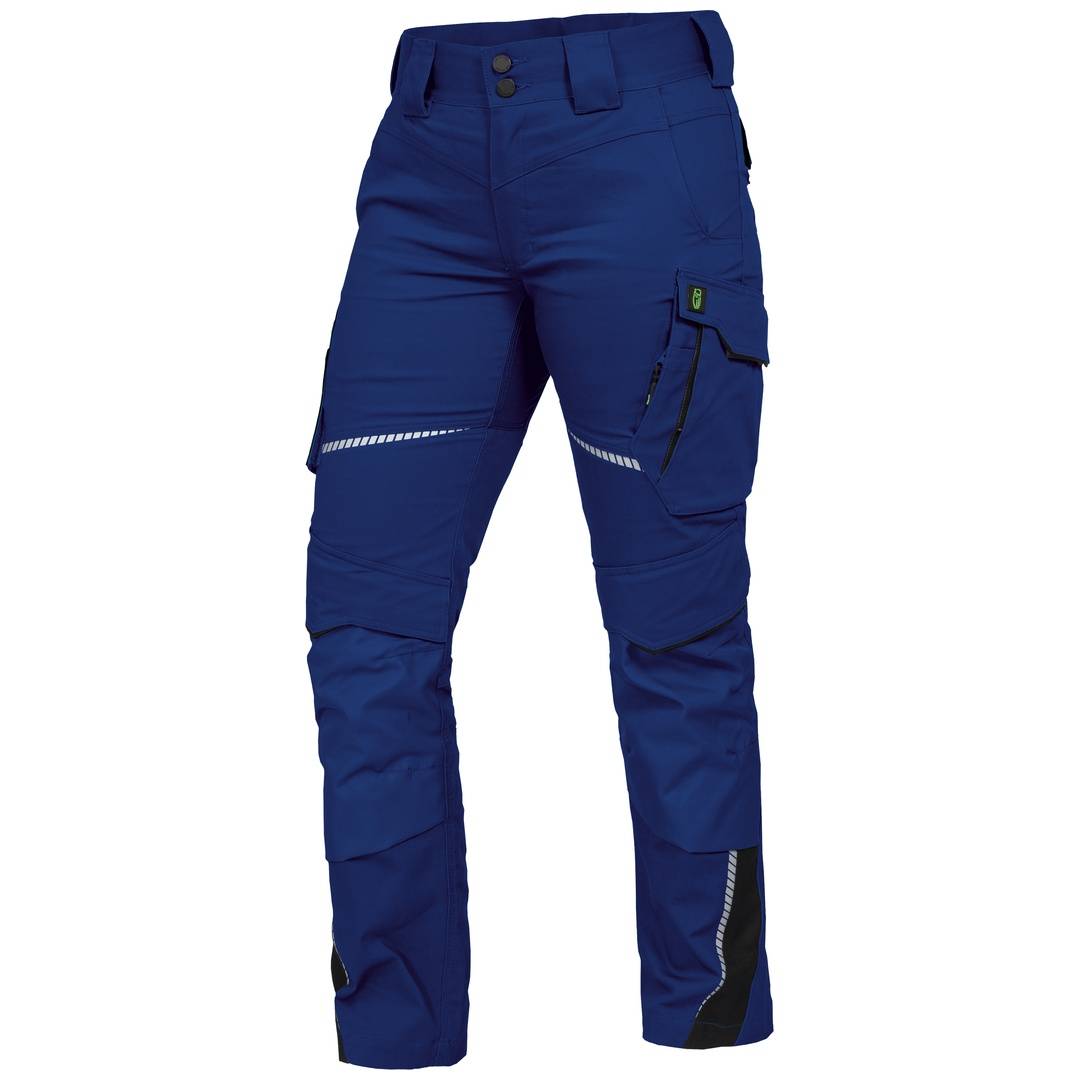 Blaue Arbeitshosen mit reflektierenden Streifen, Cargotasche und verstärkten Knie- und Unterschenkelteilen auf weißem Hintergrund.