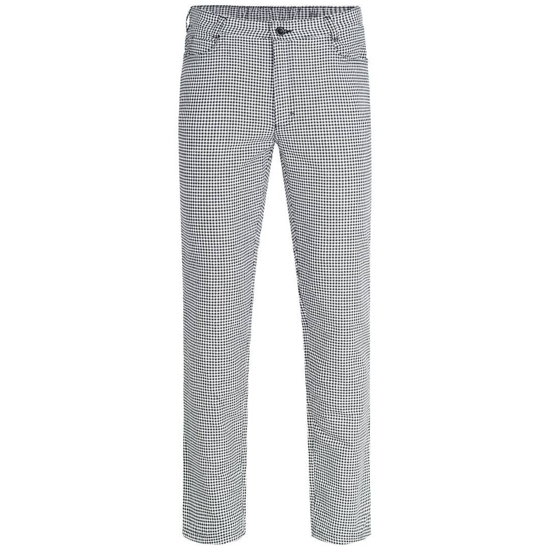 Schwarz-weiße karierte Slim-Fit-Hose mit Knopfverschluss, Vorderansicht auf weißem Hintergrund.
