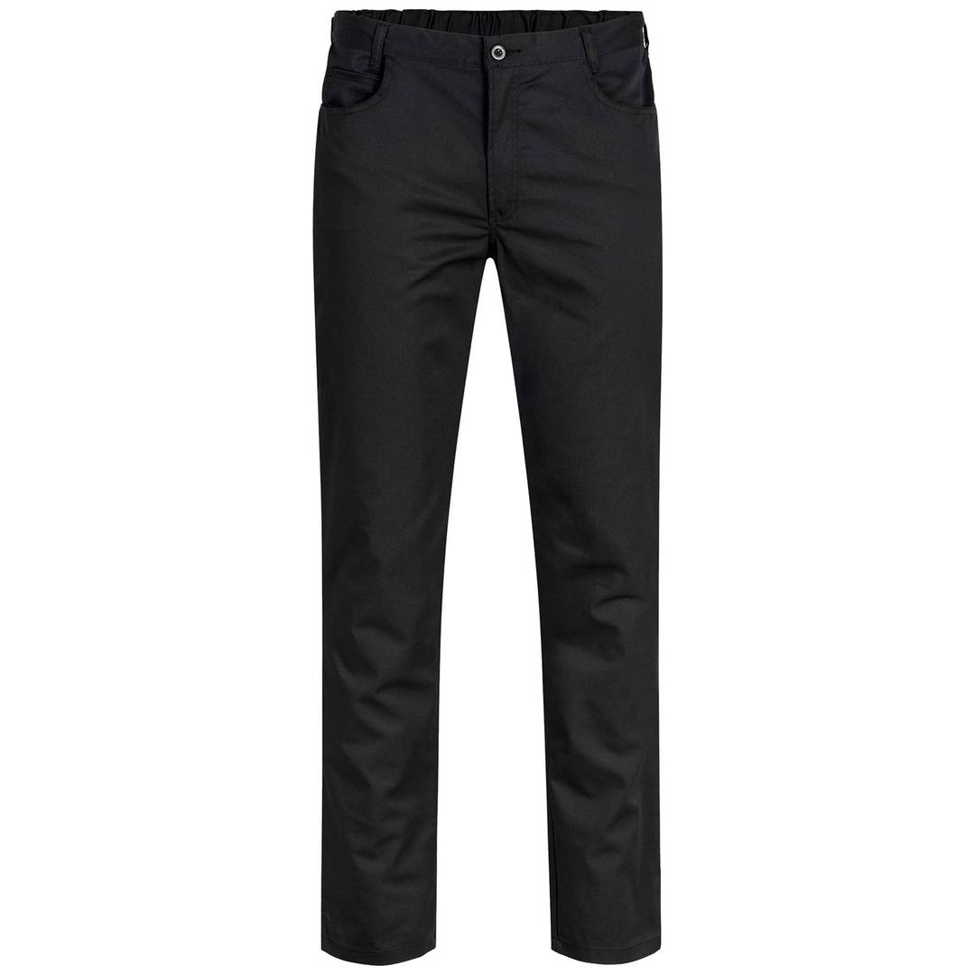 Schwarze gerade geschnittene Hose mit Gürtelschlaufen, vorderen Taschen und Knopfverschluss auf einem einfachen weißen Hintergrund.