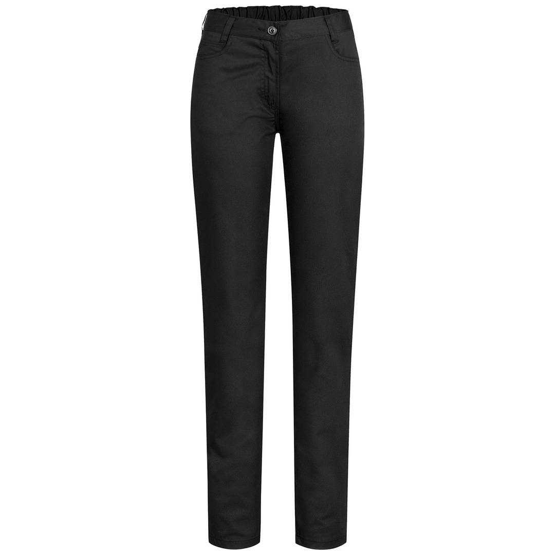 Schwarze gerade geschnittene Hose mit elastischem Bund und Knopfverschluss, isoliert auf weißem Hintergrund dargestellt.