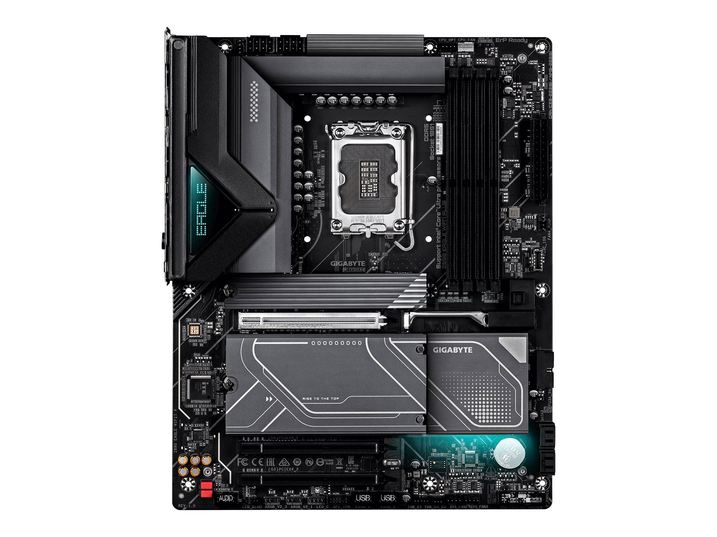 Gigabyte EAGLE-Motherboard in Frontalansicht, mit CPU-Sockel, RAM-Steckplätzen, PCIe-Steckplätzen, M.2-Kühlkörpern und RGB-beleuchteter Chipsatz-Fläche.
