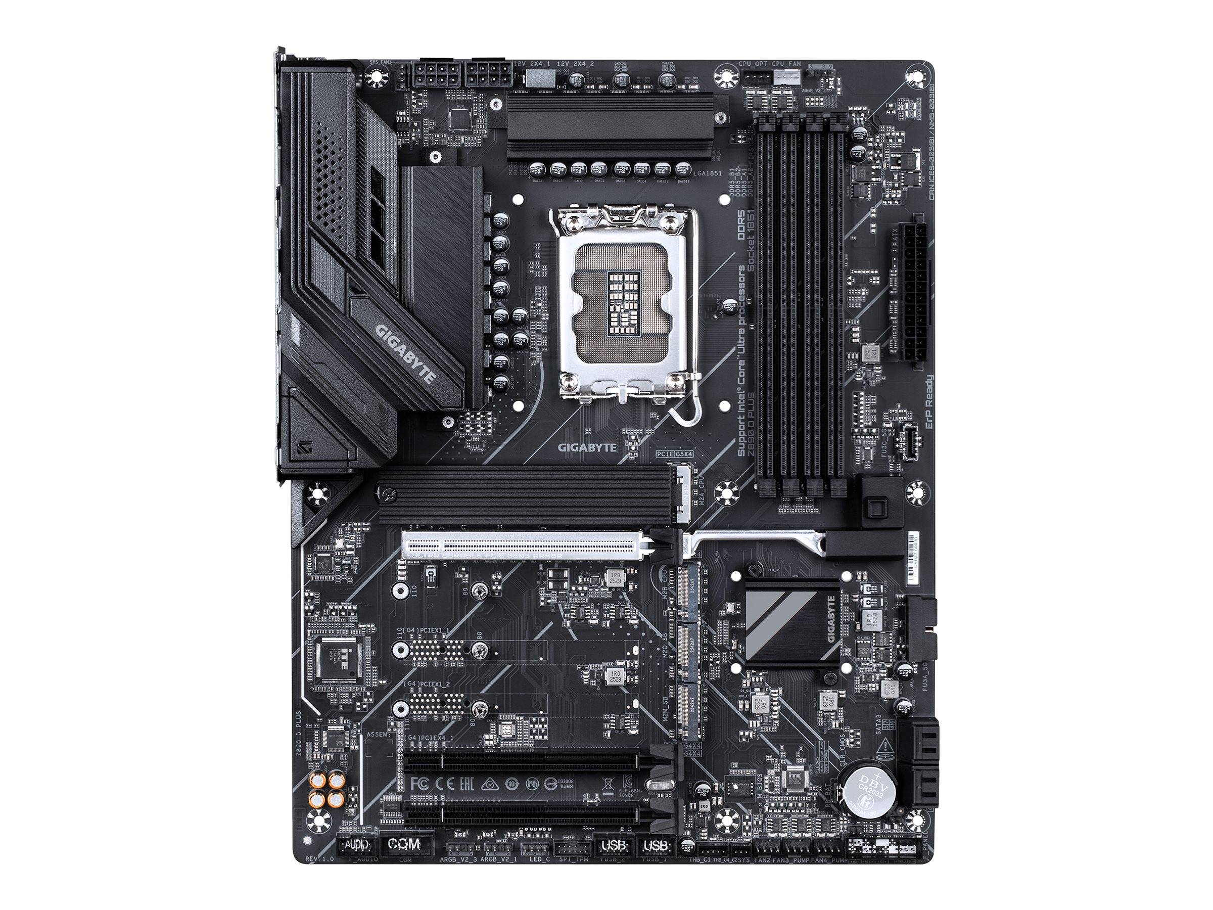 Schwarzes Gigabyte-Computer-Motherboard in Vorderansicht gezeigt, mit CPU-Sockel, RAM-Steckplätzen, PCIe-Steckplätzen, Kühlkörpern und Stromanschlüssen.