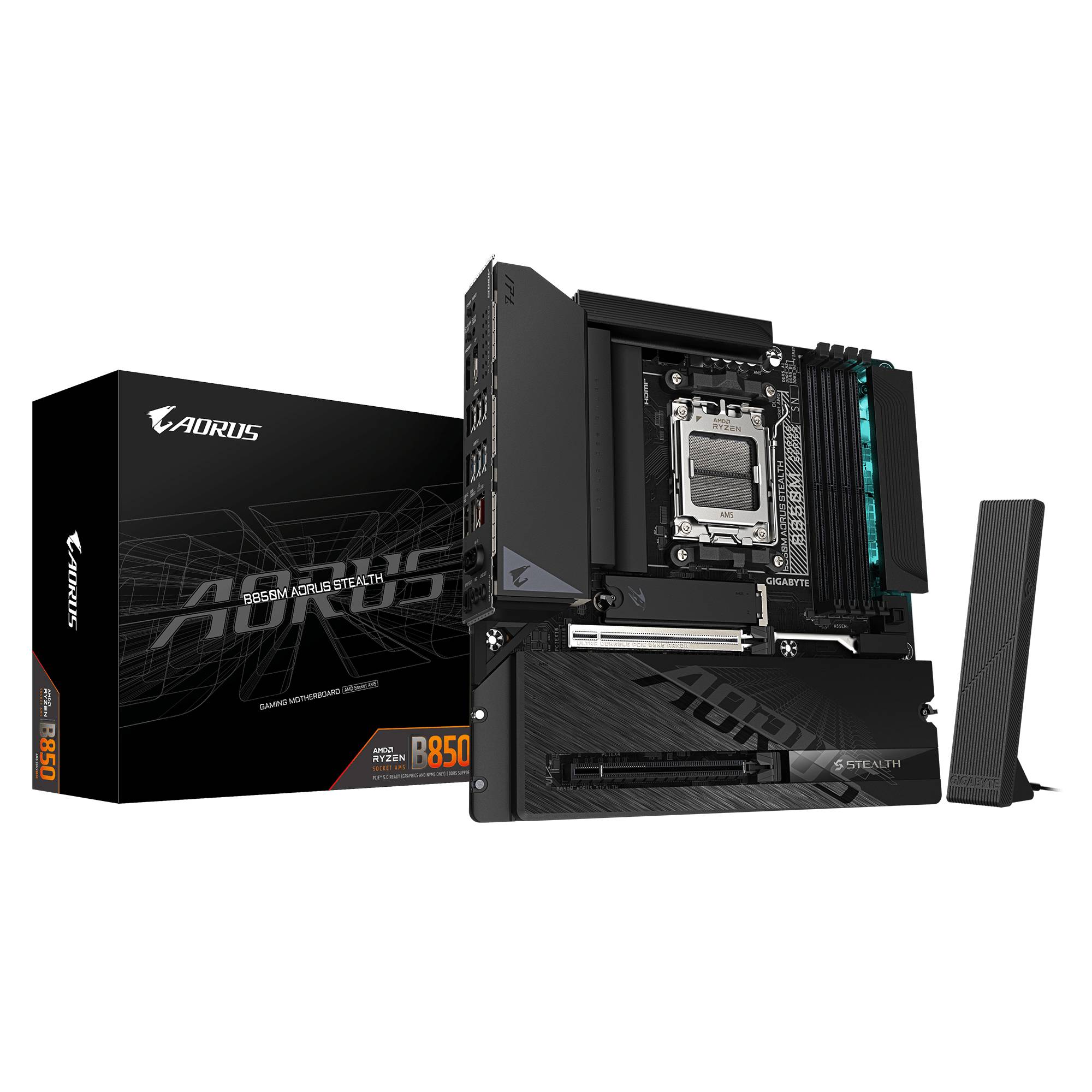AORUS B850M Motherboard mit Box und Wi-Fi-Antenne, die das schwarze Stealth-Design und die RGB-Akzente des Boards hervorhebt.