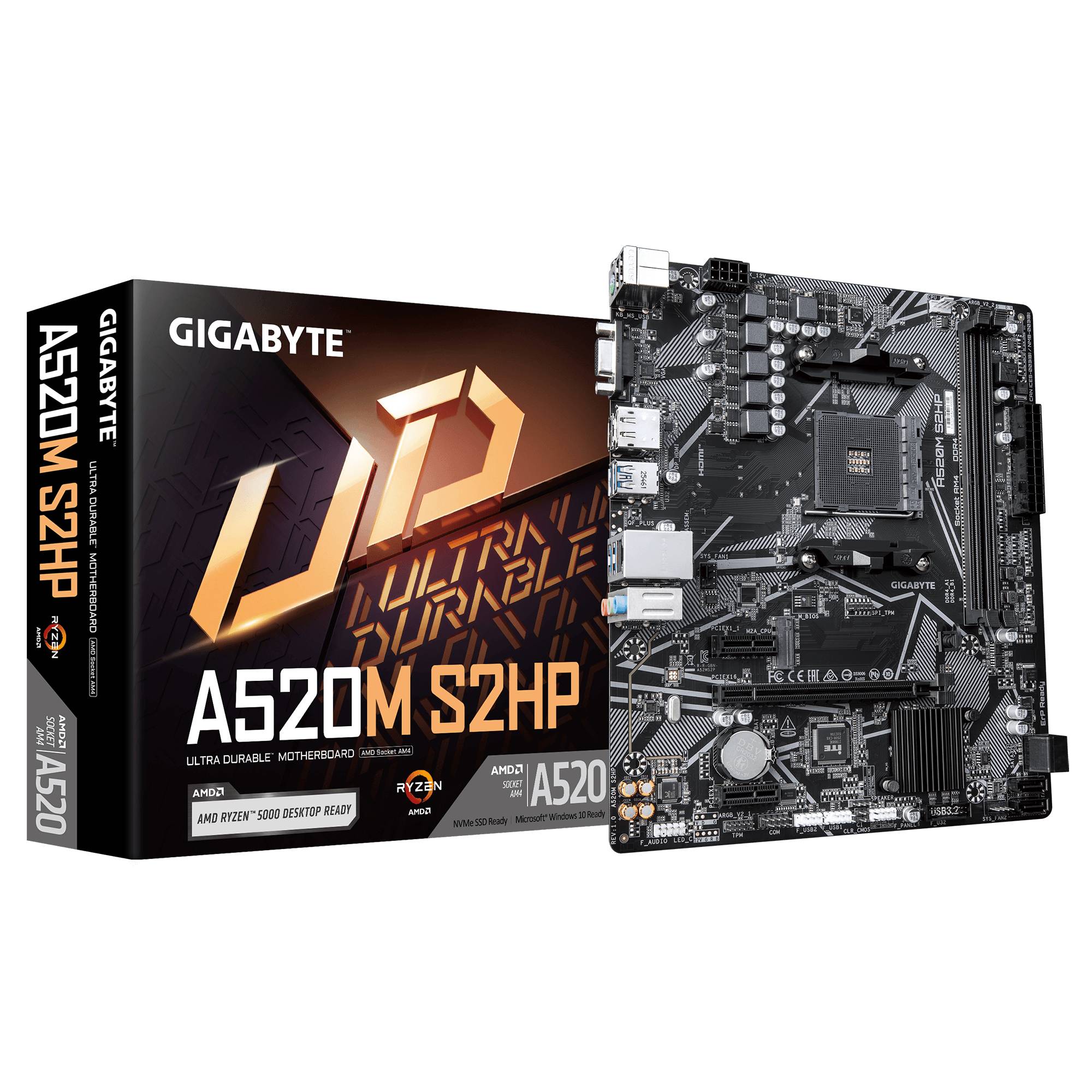 Gigabyte A520M S2HP Micro-ATX-Motherboard mit ihrer Einzelhandelsverpackung, beschriftet mit „Ultra Durable