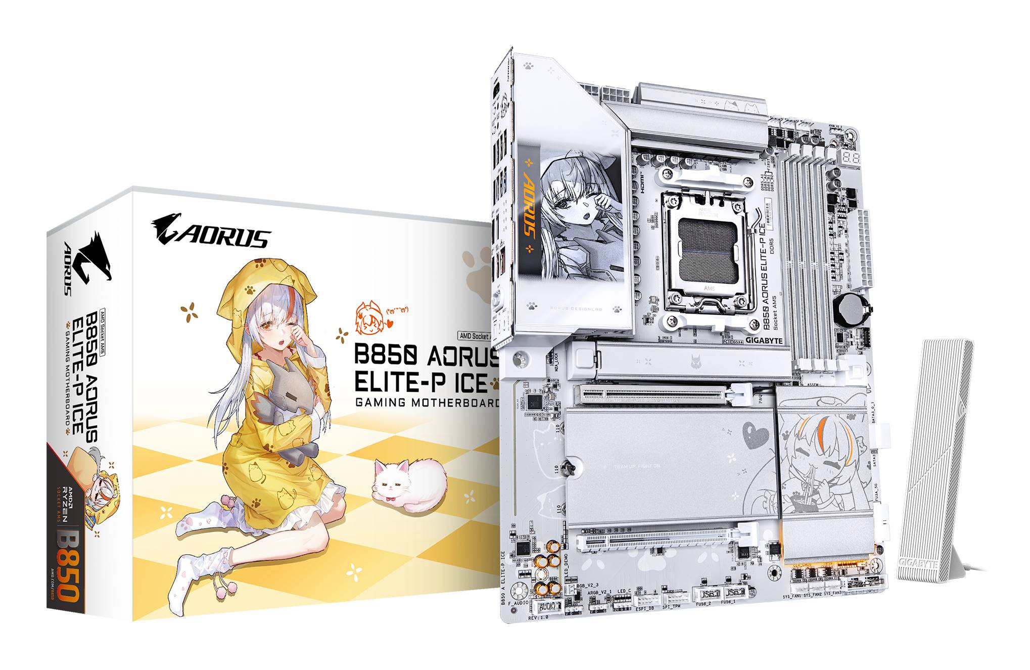 AORUS B850 ELITE-ICE Gaming-Motherboard mit seiner Verkaufsverpackung, mit weißem und goldenem Anime-Design und passender Verpackung.