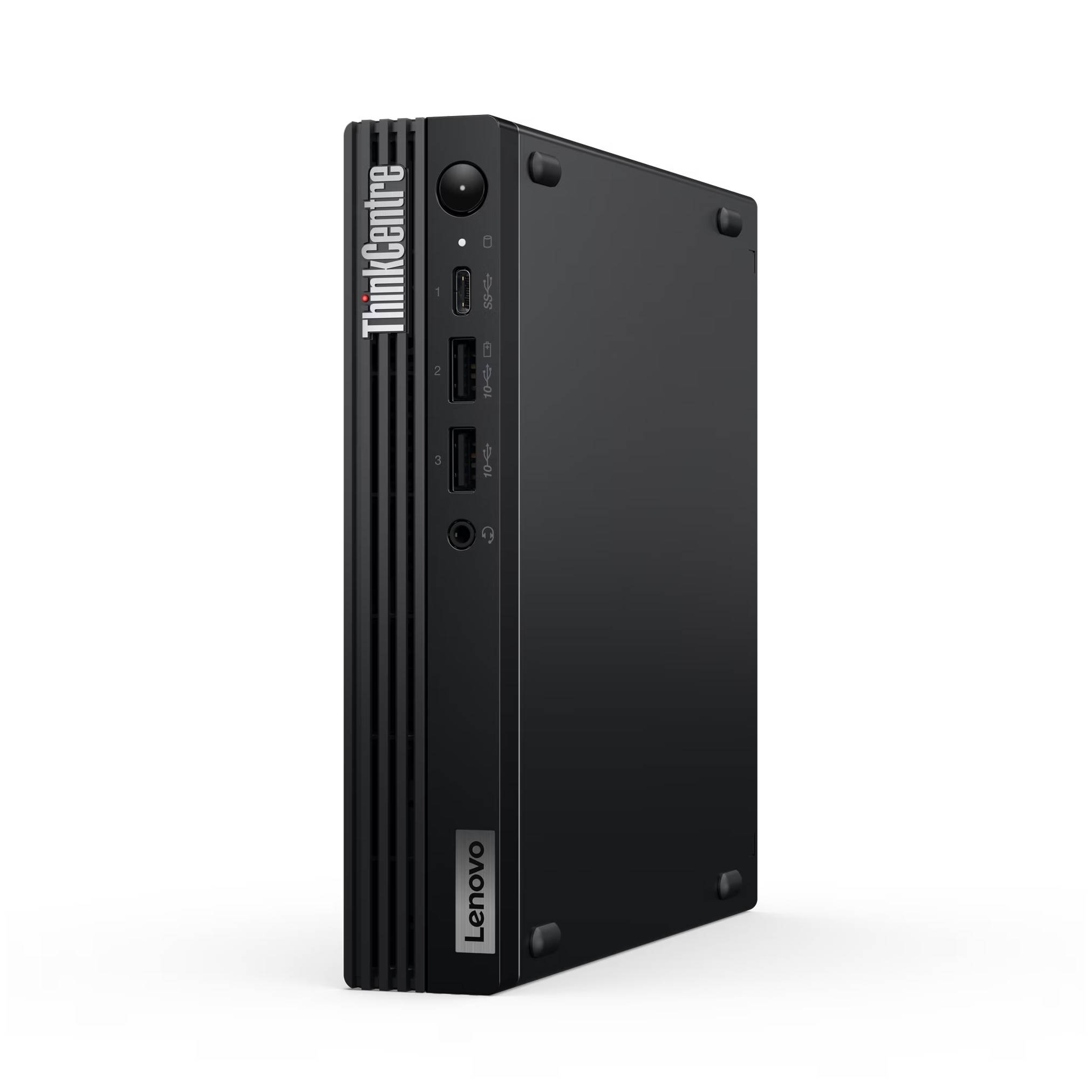 Lenovo ThinkCentre kompakter Desktop-Computer-Turm auf weißem Hintergrund dargestellt, mit sichtbarem vorderen Stromschalter, USB-Anschlüssen und Audiobuchse.