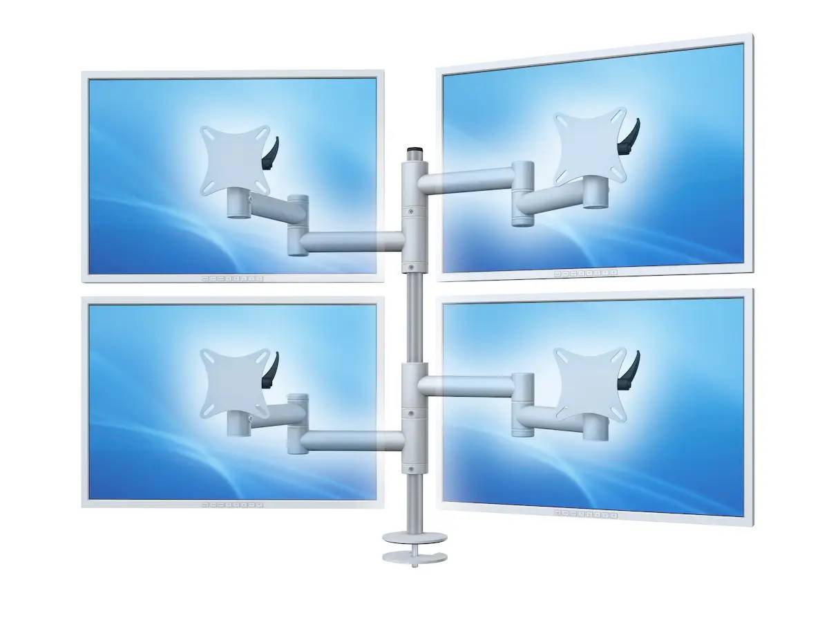 Illustration eines auf einem zentralen verstellbaren Ständer montierten Vier-Monitor-Displays, das ein Multi-Screen-Computer-Setup zeigt.