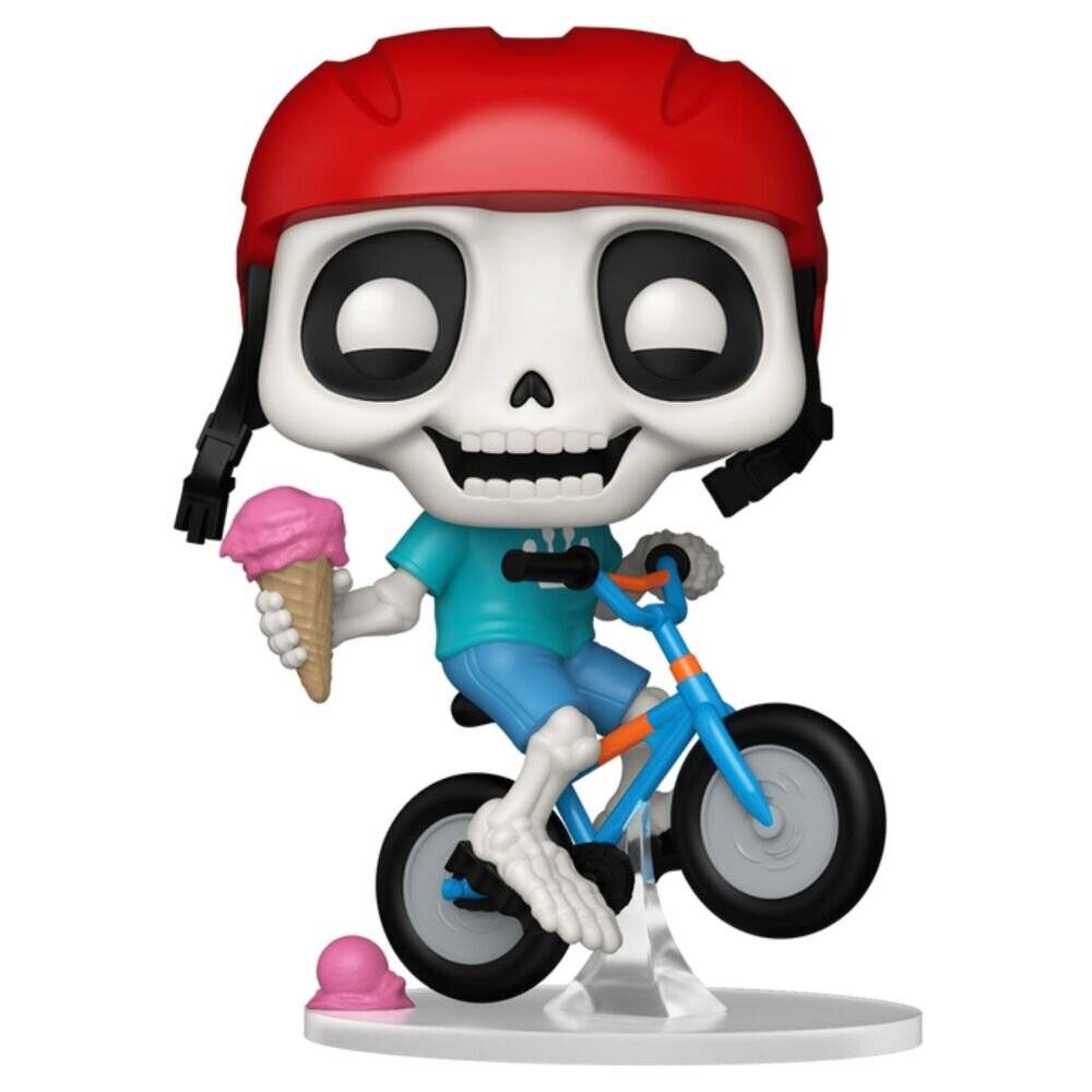 Ein Cartoon-Skelett-Charakter in einem roten Helm fährt auf einem blauen Fahrrad und hält dabei einen rosa Eiskegel in der Hand.