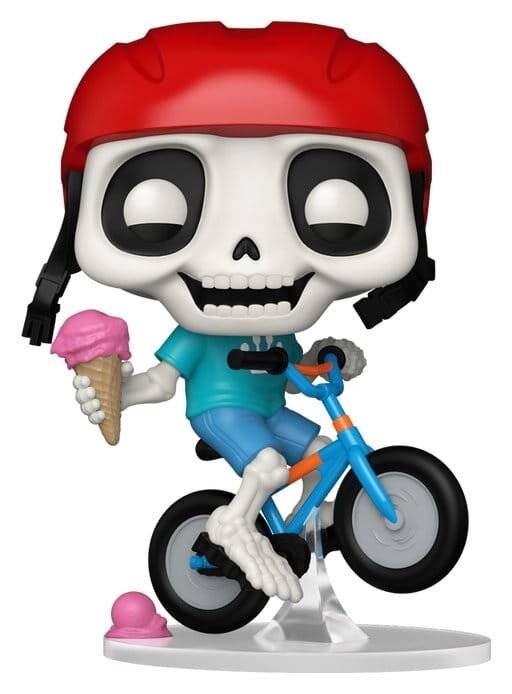 Ein Cartoon-Skelett-Figürchen, das einen roten Helm trägt, fährt auf einem blauen Fahrrad, während es eine rosa Eistüte hält.
