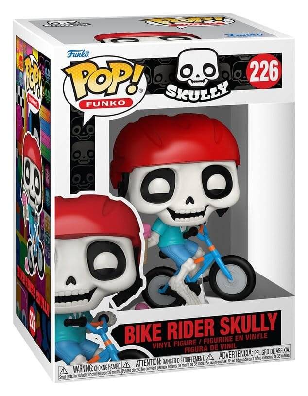 Funko Pop! 'Skully' Vinyl-Figur in einer Box, die auf einem blauen Fahrrad fährt; die Vorderseite der Box zeigt die Figurennummer 226 und den Text 'Bike Rider Skully'.