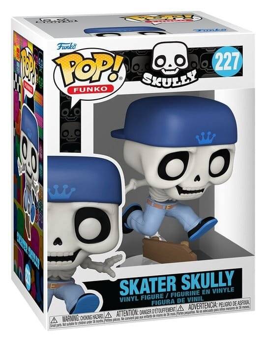Funko Pop! Skater Skully Vinyl-Figur in einer Einzelhandelsschachtel, Nummer 227, mit einer Schädelcharakter, der eine blaue Kappe trägt und eine Skateboard-Pose einnimmt.