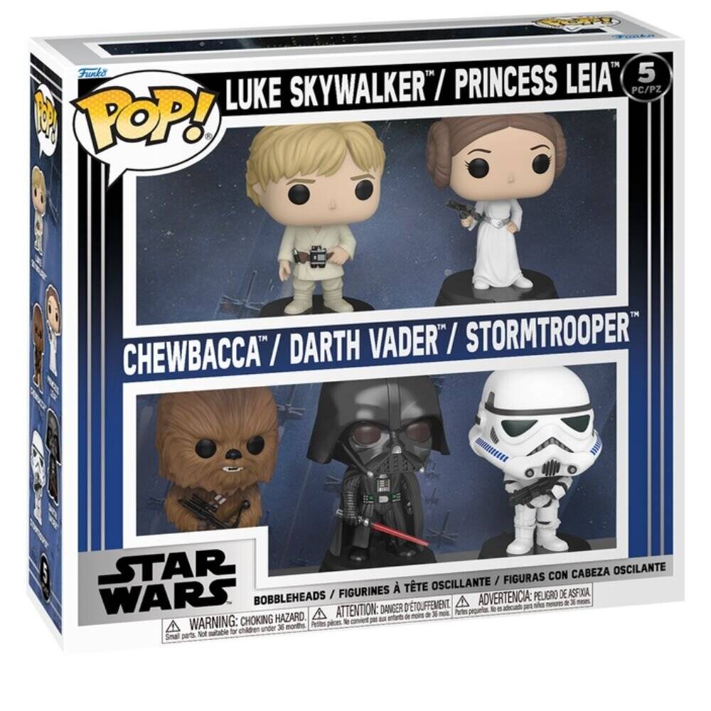 Star Wars Funko Pop! Set mit fünf Figuren mit Luke Skywalker, Prinzessin Leia, Chewbacca, Darth Vader und einem Stormtrooper in einer Displaybox.