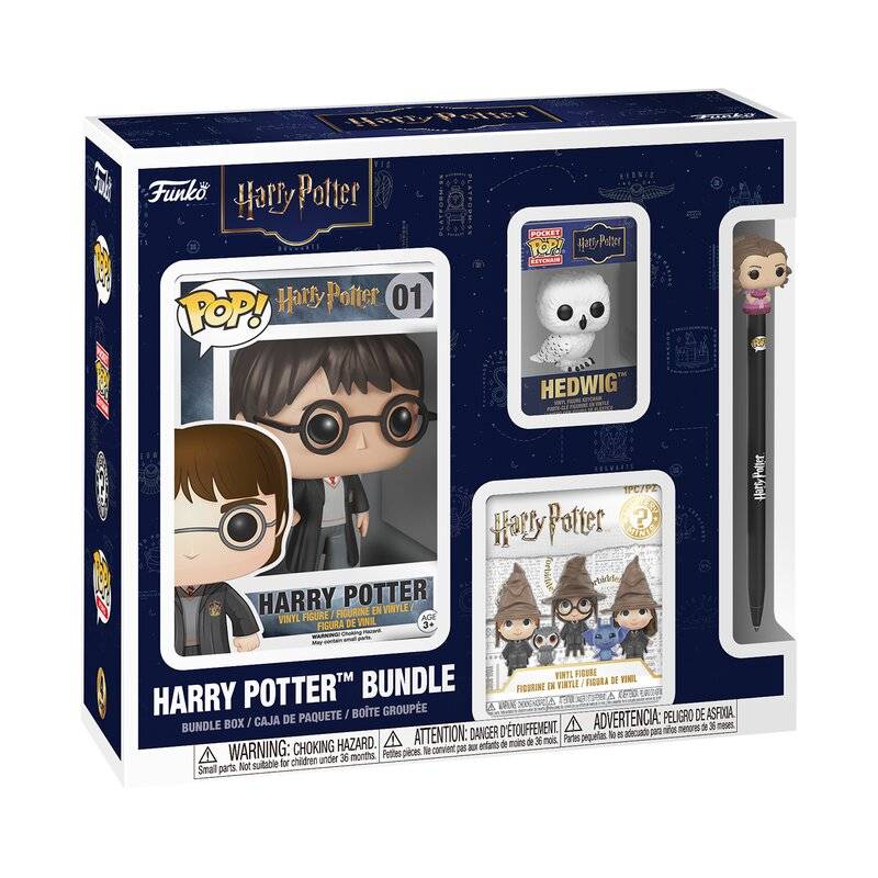 Harry Potter Funko Pop Bundle Box mit Harry Potter Figur, Hedwig Figur und einem Stift mit Hermione Aufsatz.