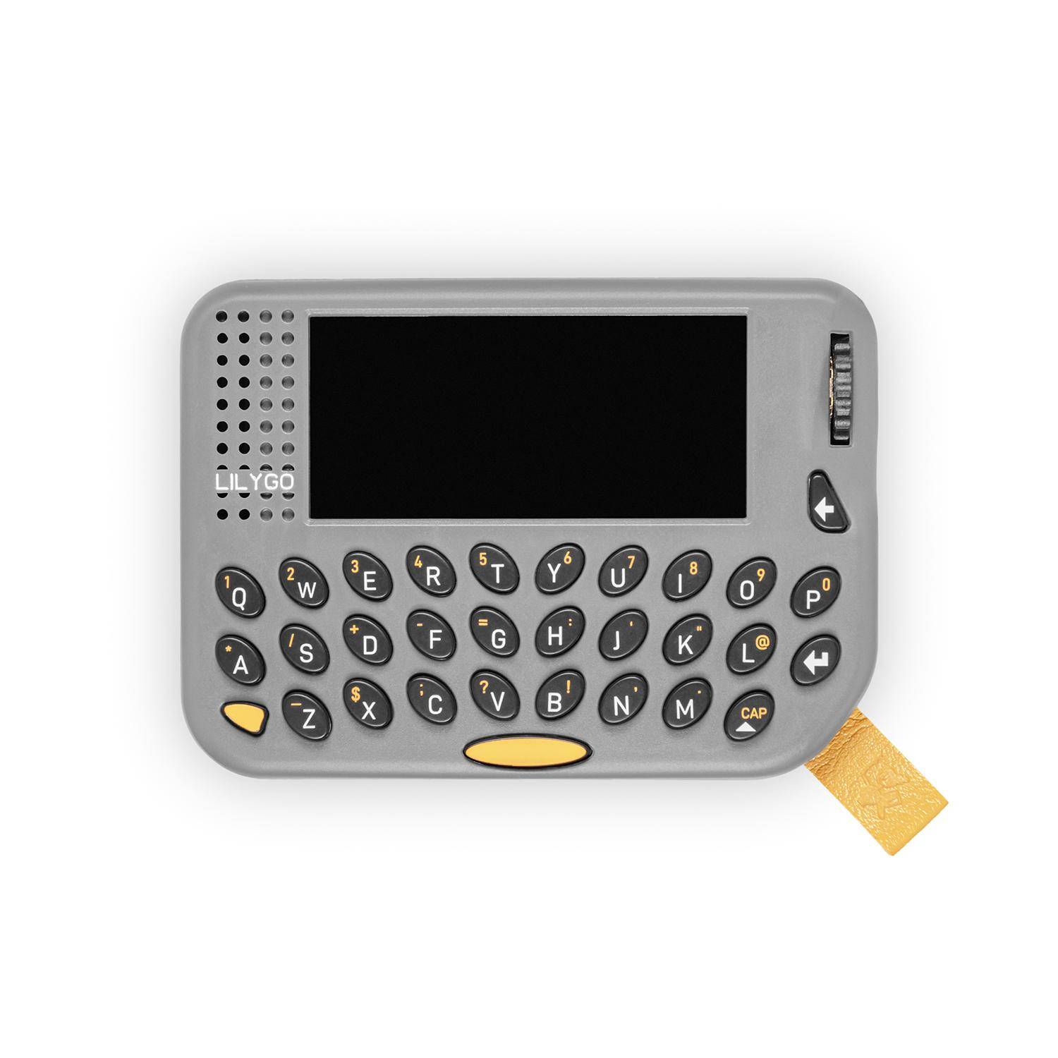 Ein kleines graues tragbares Gerät mit leerem Bildschirm, Lautsprechergitter, kompakter QWERTY-Tastatur und Seitentasten, dargestellt auf weißem Hintergrund.