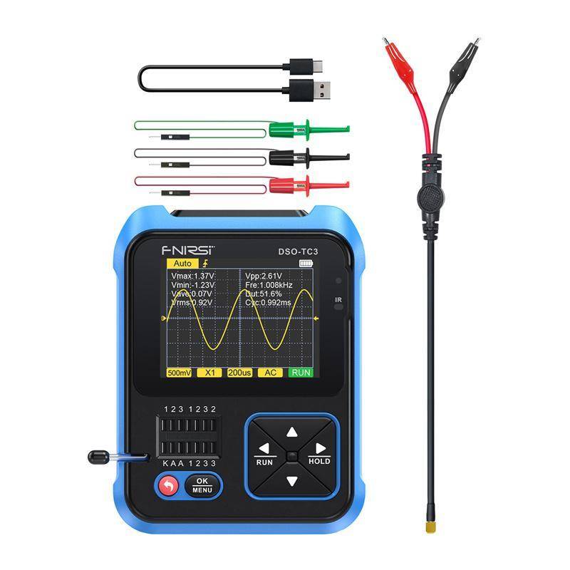Tragbarer FNIRSI DSO-TC3 Tester/Oszilloskop mit Farbbildschirm und Messleitungen, plus USB-Kabel und rot/schwarzem Krokodilklemmen-Kabel.