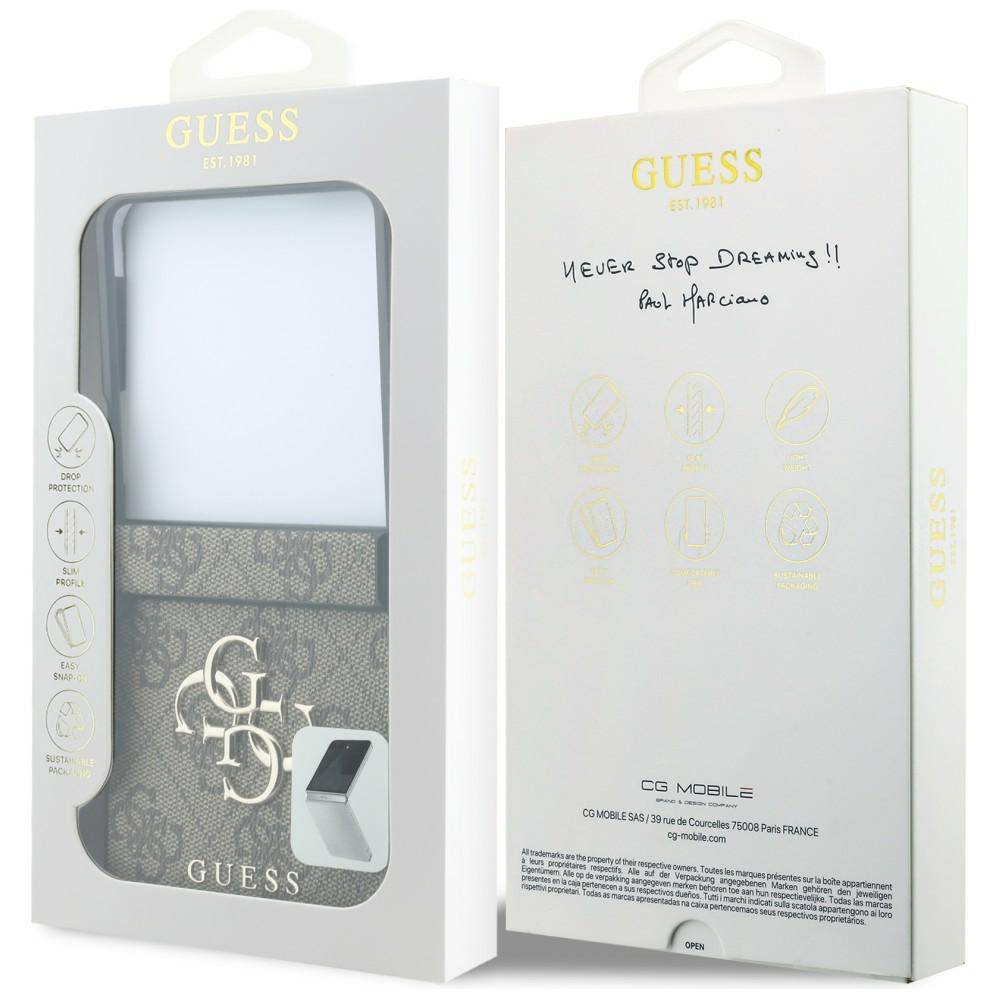 Guess-Handyetuiverpackung für iPhone, vorne und hinten abgebildet, mit durchsichtigem Fenster, goldenem Logo und handschriftlichem Text „NEVER STOP DREAMING!! Paul Marciano