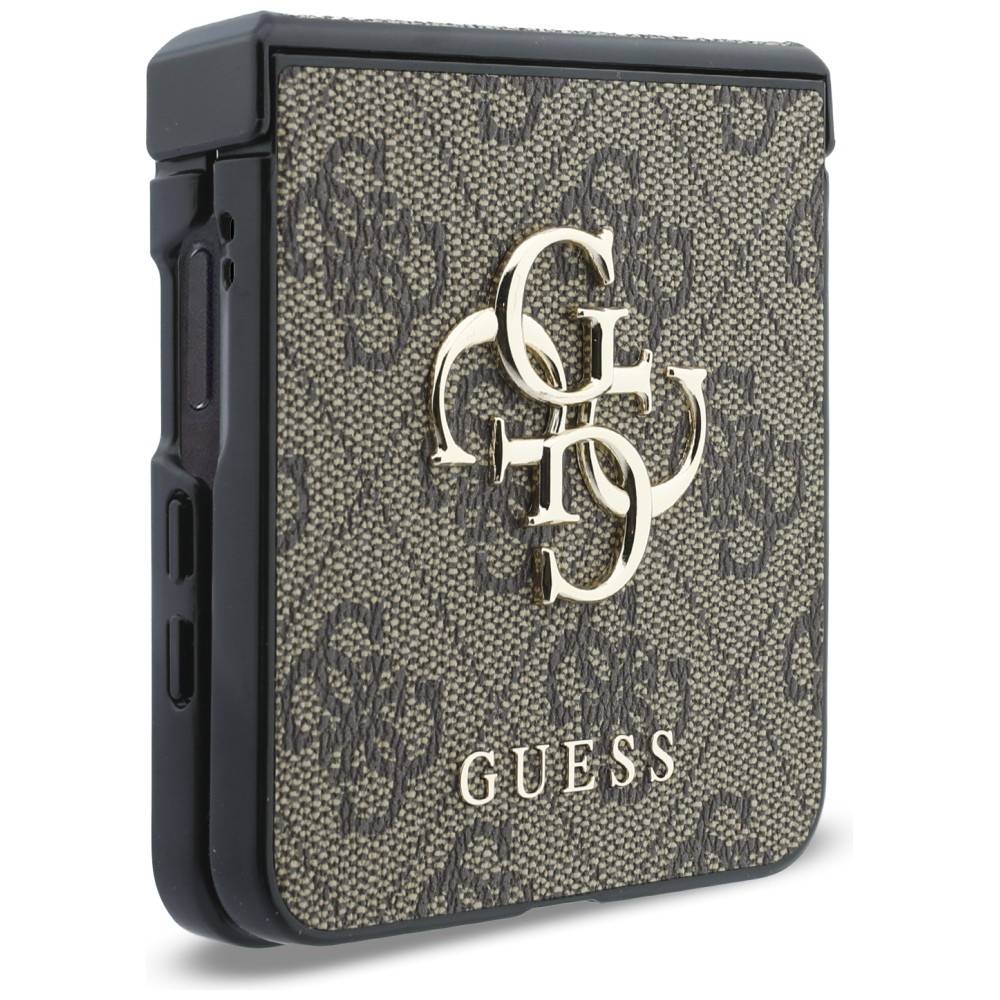 Grauer gemusterter Guess Kartenhalter mit schwarzem Rand und großem verschlungenem 'G'-Logo auf der Vorderseite