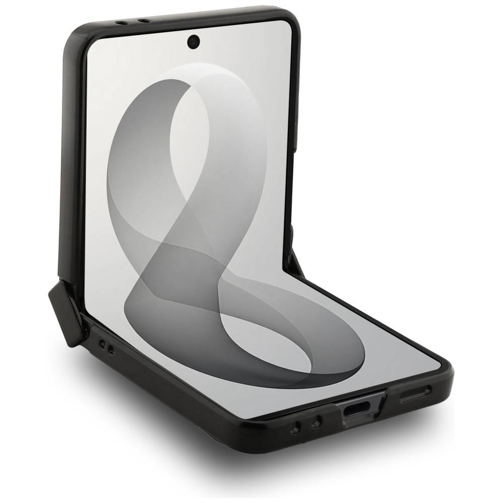Ein faltbares Smartphone mit schwarzem Gehäuse, offen in einem rechten Winkel auf weißem Hintergrund gezeigt.
