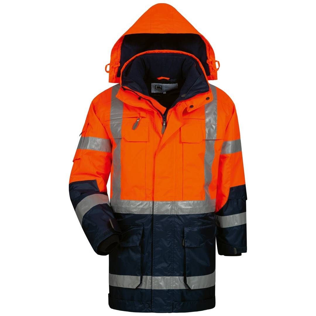 Hochsichtbarkeitsgelb-Orange und marineblauer Kapuzen-Sicherheitsparka mit reflektierenden Streifen, Vorderansicht auf weißem Hintergrund gezeigt.