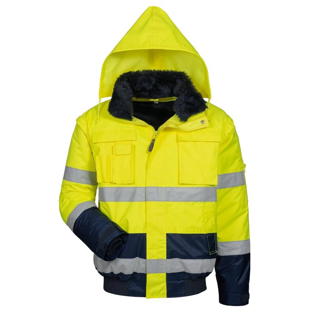 Leuchtend gelbe Winterjacke mit Kapuze, reflektierenden grauen Bändern, marineblauen unteren Ärmeln und Saum sowie schwarzem Kunstpelzbesatz am Kragen.