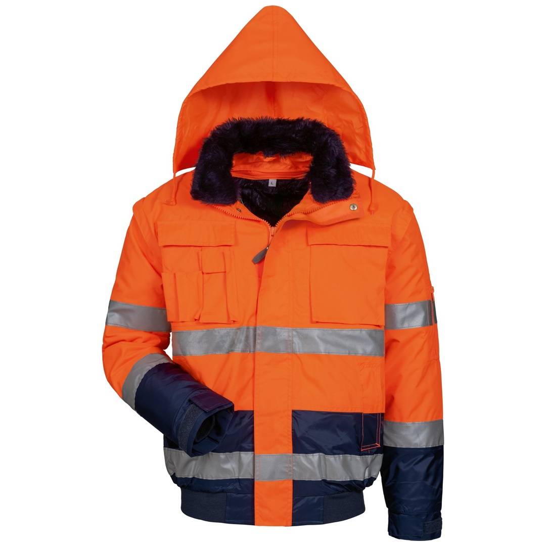 Orange Kapuzen-Winterjacke mit hoher Sichtbarkeit, reflektierenden silbernen Streifen und dunkelmarinen Akzenten, Vorderansicht auf weißem Hintergrund.
