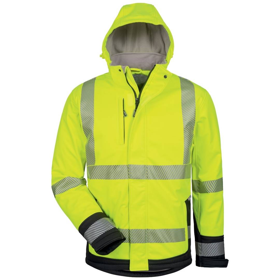 Neongelbe Hochsichtbarkeitsjacke mit Kapuze und reflektierenden silbernen Streifen, in Vorderansicht auf weißem Hintergrund gezeigt.