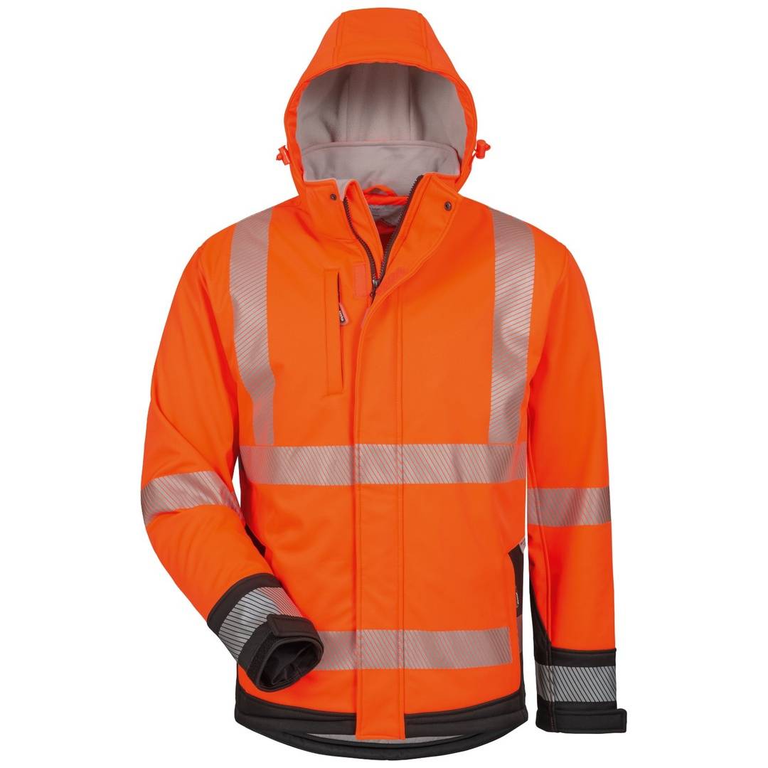 Leuchtendes oranges Kapuzenhochsichtbarkeitsjacket mit reflektierenden silbernen Streifen, Vorderansicht auf weißem Hintergrund gezeigt.