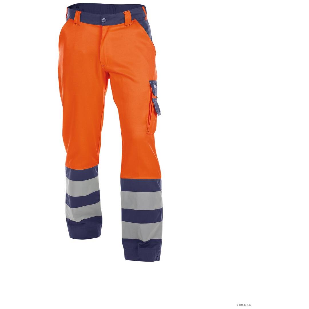 Hochsichtbare orange Arbeitshosen mit reflektierenden grau- und marineblauem Streifen und Cargotasche.