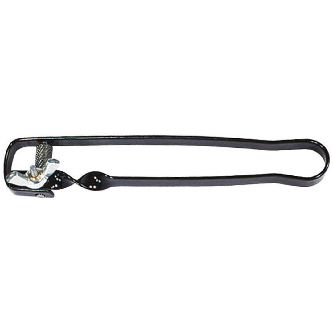 Schwarzer Riemenspanner mit Metallschnalle und langer verstellbarer Schlaufengriff zum Greifen und Anziehen runder Objekte.