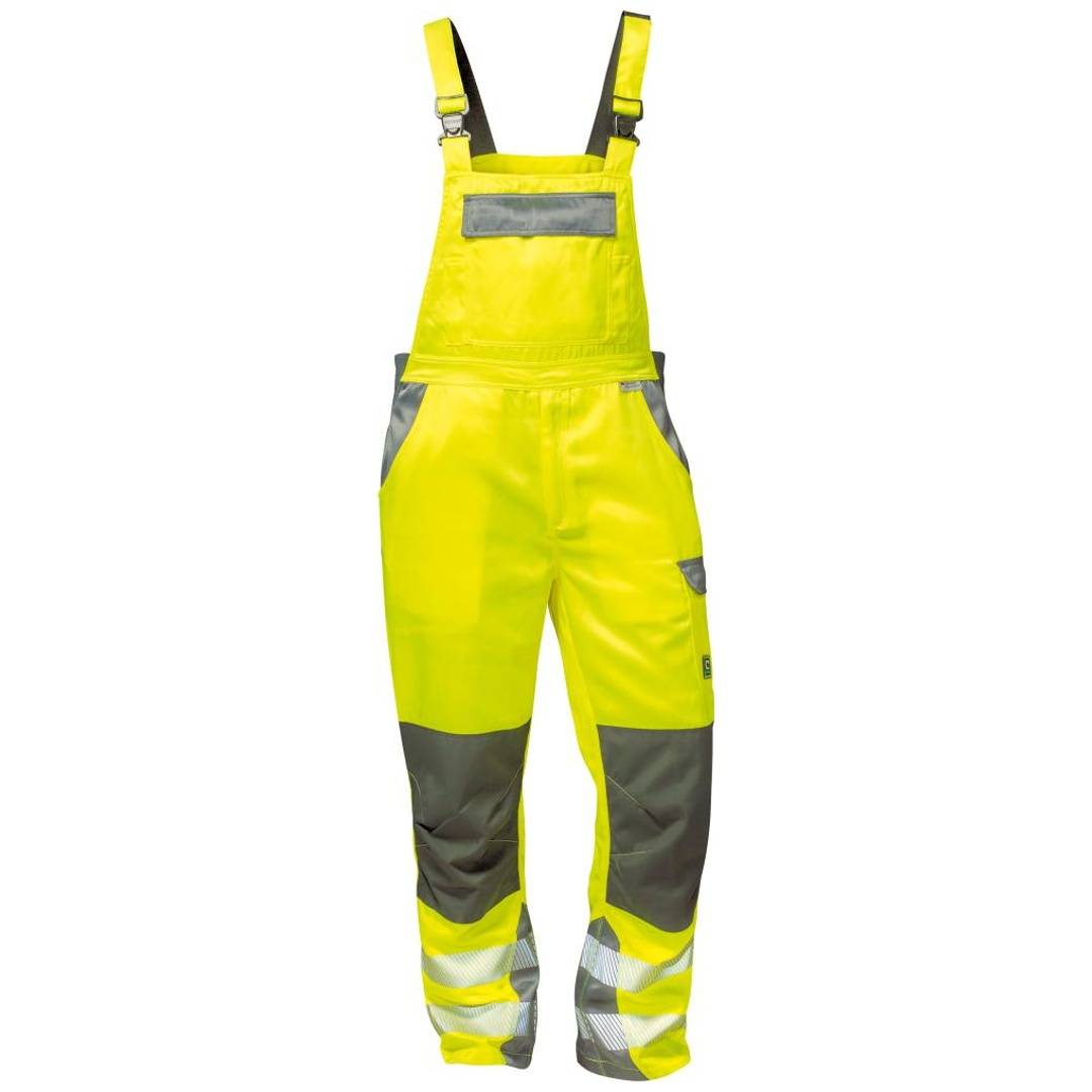 Hochsichtbare gelbe Latzhose mit reflektierenden grauen Akzenten und schwarzen Knieflicken, gezeigt auf einfachem weißem Hintergrund.