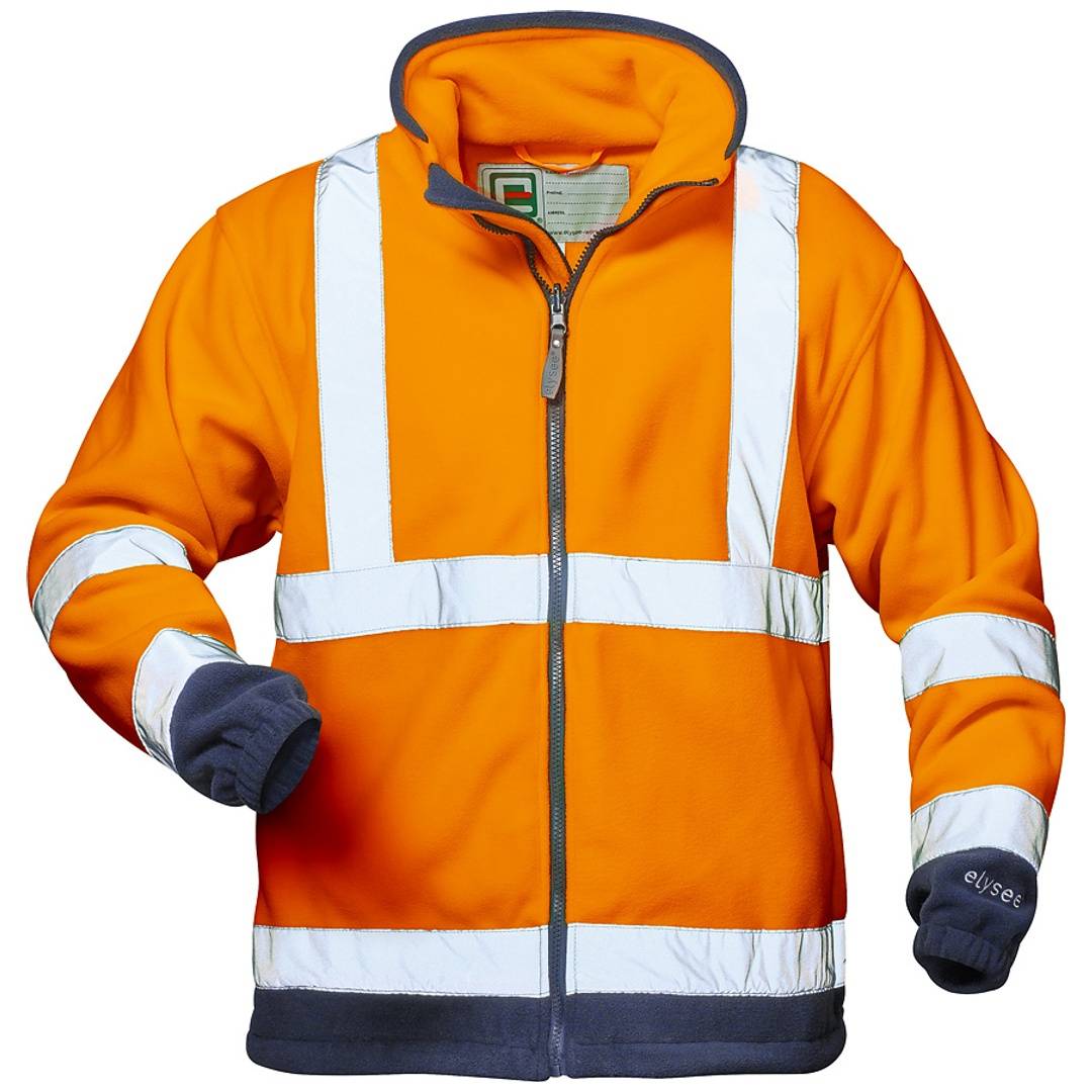 Orange Sicherheitswarnweste mit reflektierenden silbernen Streifen, dunkelblauem Besatz, Frontreißverschluss und Kapuze, auf weißem Hintergrund gezeigt.