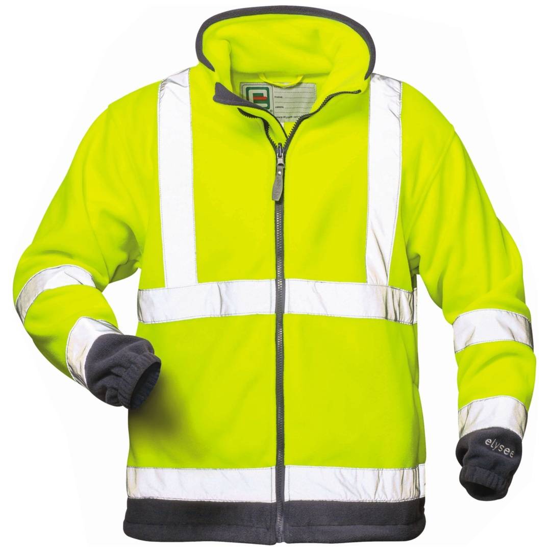 Hochsichtbare neongelbe Sicherheitsweste mit reflektierenden silbernen Streifen, Frontverschluss und dunklen Bündchen, abgebildet vor einfachem Hintergrund.