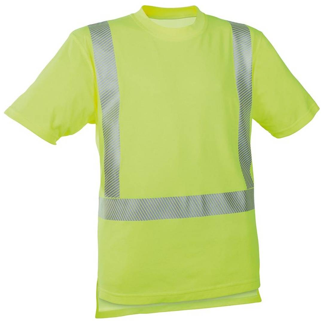 Neongelbes Kurzarm-T-Shirt mit hoher Sichtbarkeit und reflektierenden silbernen Streifen an den Schultern und über der Brust.