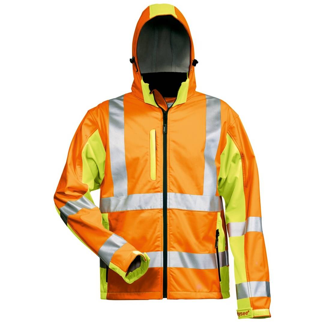 Orange-limefarbene Sicherheitsjacke mit Kapuze und reflektierenden Streifen, Reißverschluss vorne und Brusttasche und Seitentaschen mit Reißverschluss, gezeigt vor weißem Hintergrund.