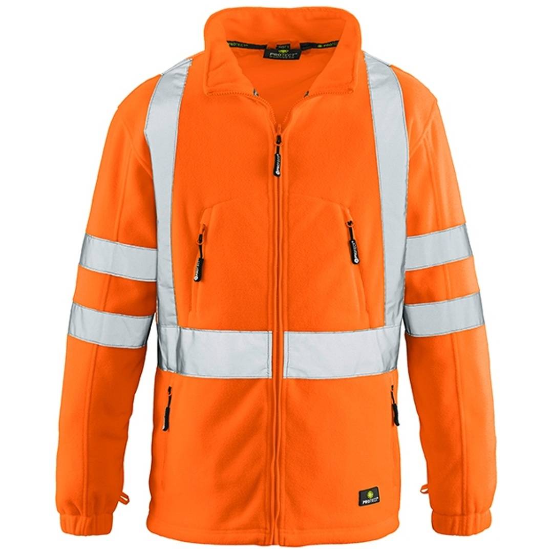 Orange Warnschutzjacke mit Reißverschluss und reflektierenden silbernen Streifen an Ärmeln und Brust, Vorderansicht auf neutralem Hintergrund gezeigt.
