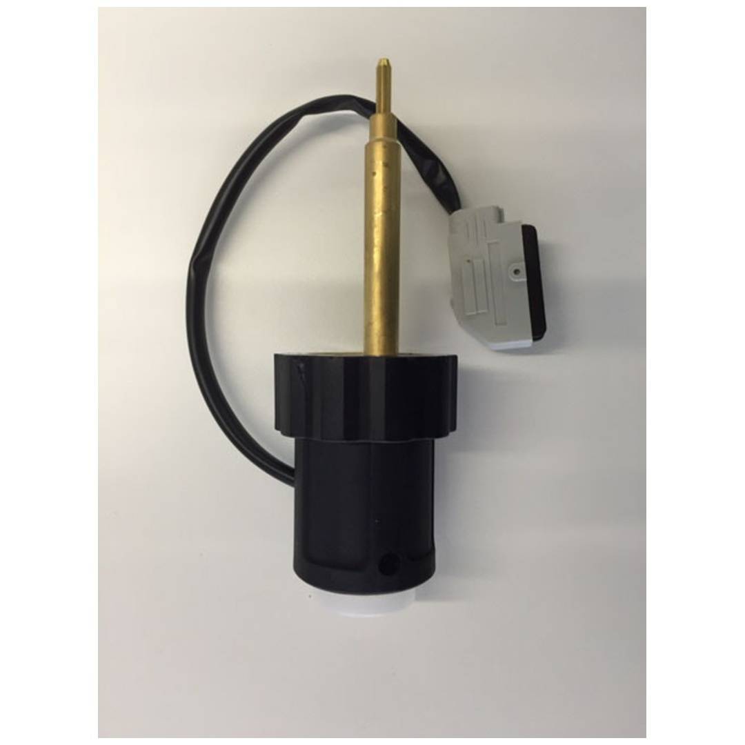 Schwarzer zylindrischer Sensor mit Messingspitze und angeschlossenem Kabel, auf weißem Hintergrund dargestellt.