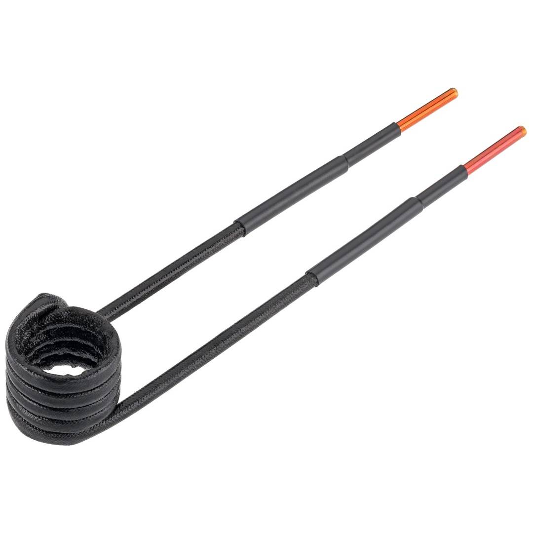 Zwei isolierte schwarze Leitungen mit orangen Spitzen, die mit einer aufgewickelten schwarzen Feder verbunden sind, die einem Heizelement oder elektrischen Stecker auf weißem Hintergrund ähnelt.