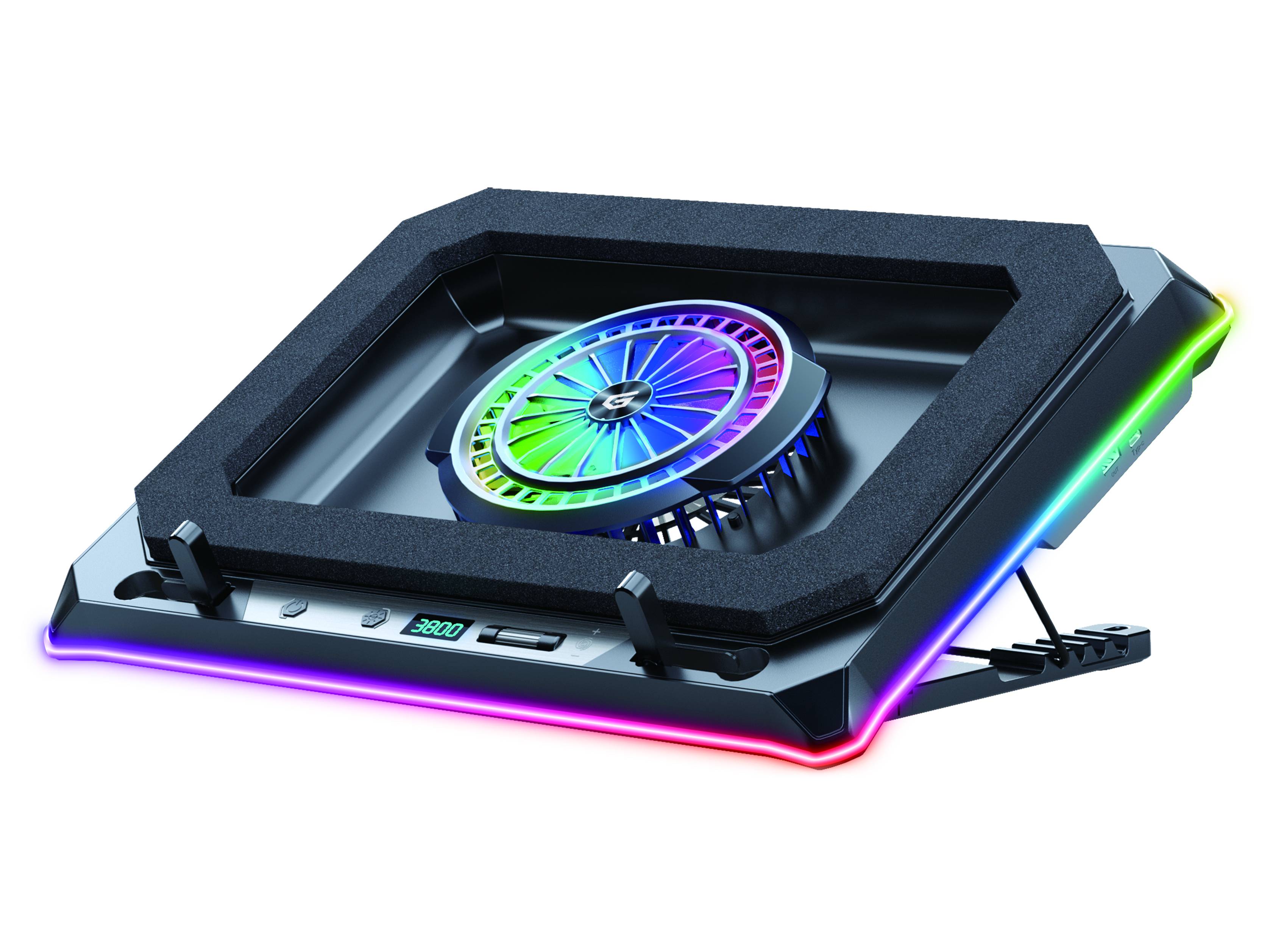 Laptop-Kühlpad mit RGB-Beleuchtung, zentralem Lüfter, verstellbarem Ständer und leuchtenden mehrfarbigen Kantenlichtern auf weißem Hintergrund