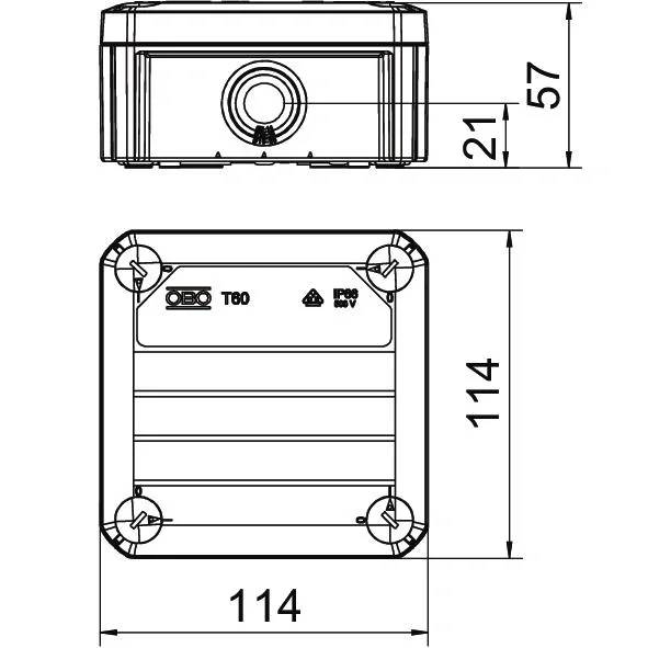 Technische Zeichnung eines rechteckigen elektrischen Schaltschranks in Vorder- und Seitenansicht, mit einer Grundfläche von 114 x 114 mm und einer Höhe von 57 mm gekennzeichnet, mit OBO T60 und IP65 Kennzeichnungen.