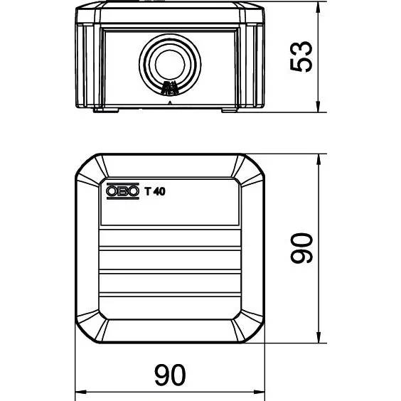 Technische Maßzeichnung eines quadratischen OBO T40-Gehäuses mit Vorder- und Seitenansicht, 90 mm × 90 mm Frontfläche und 53 mm Höhe.