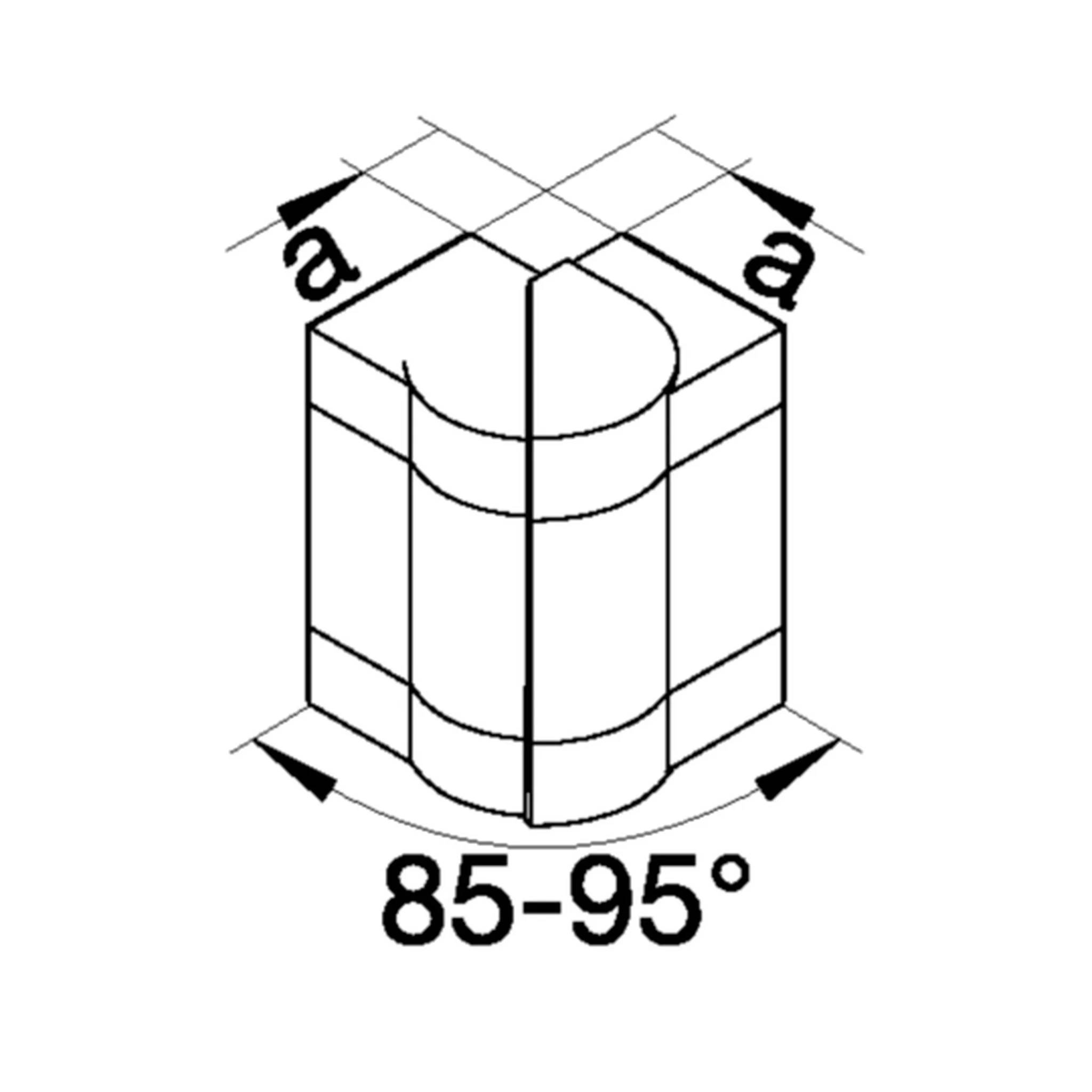 Diagramm eines abgeschrägten Eckscharniers mit verstellbarem Öffnungswinkel '85-95°' mit Pfeilen, die die Bewegung anzeigen.