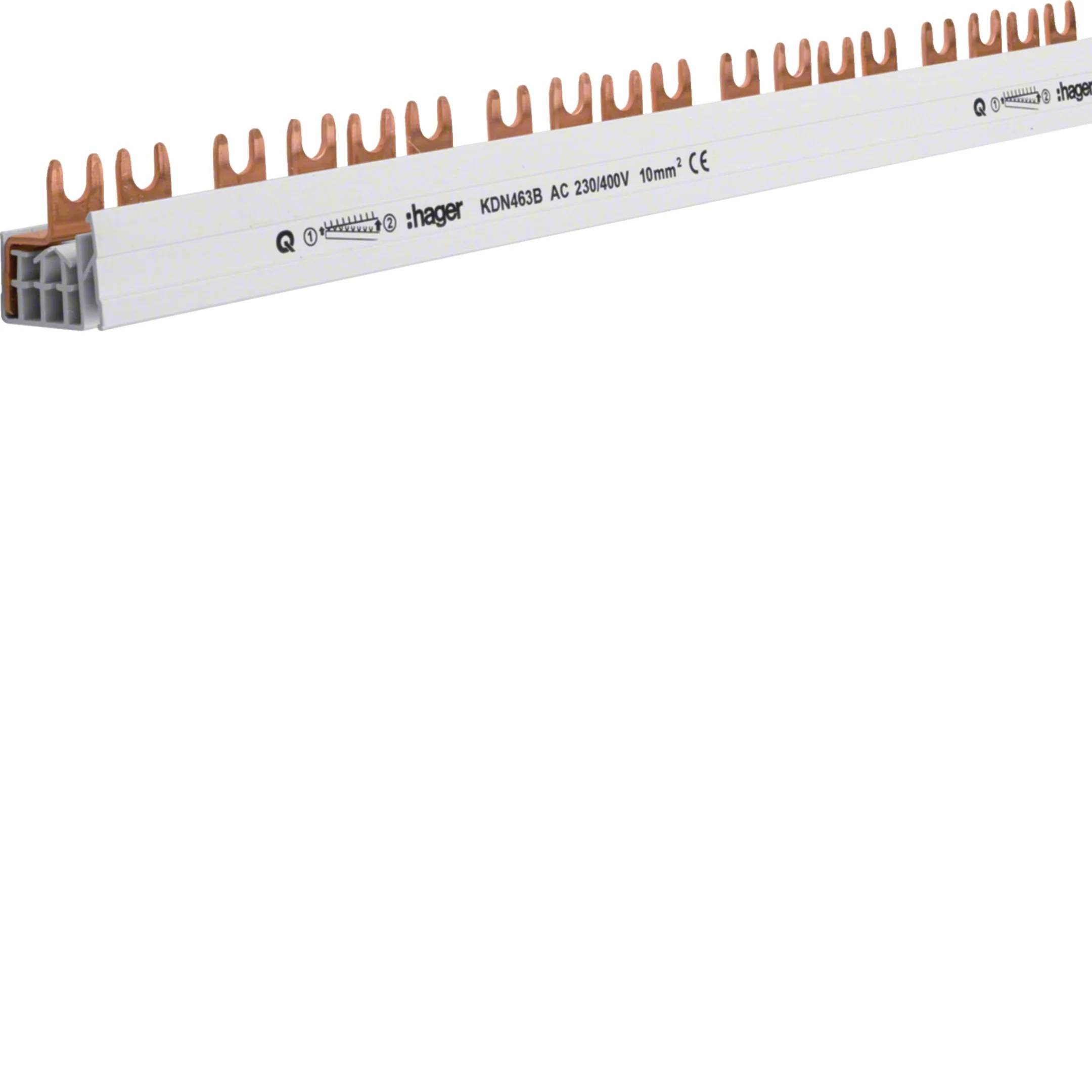 Weiße elektrische Sammelschiene mit Kupferkontakten und grauen Endkappen, gekennzeichnet mit 'hager' und 'KDN463A AC 230/400V 10mm²'.