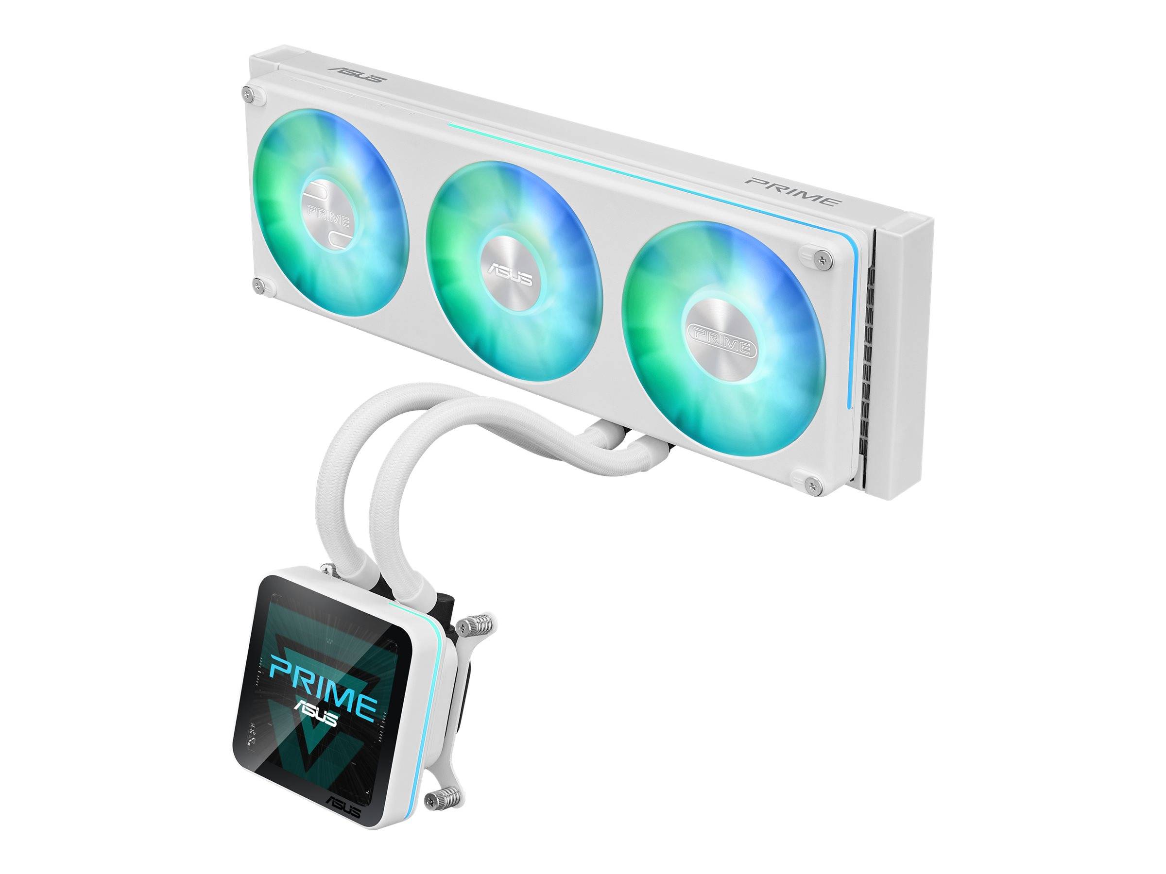 Weiße Flüssigkeits-CPU-Kühlung mit drei Lüftern und RGB-beleuchteten Lüftern und Pumpenblock, mit Schläuchen angezeigt, die mit dem Radiator verbunden sind