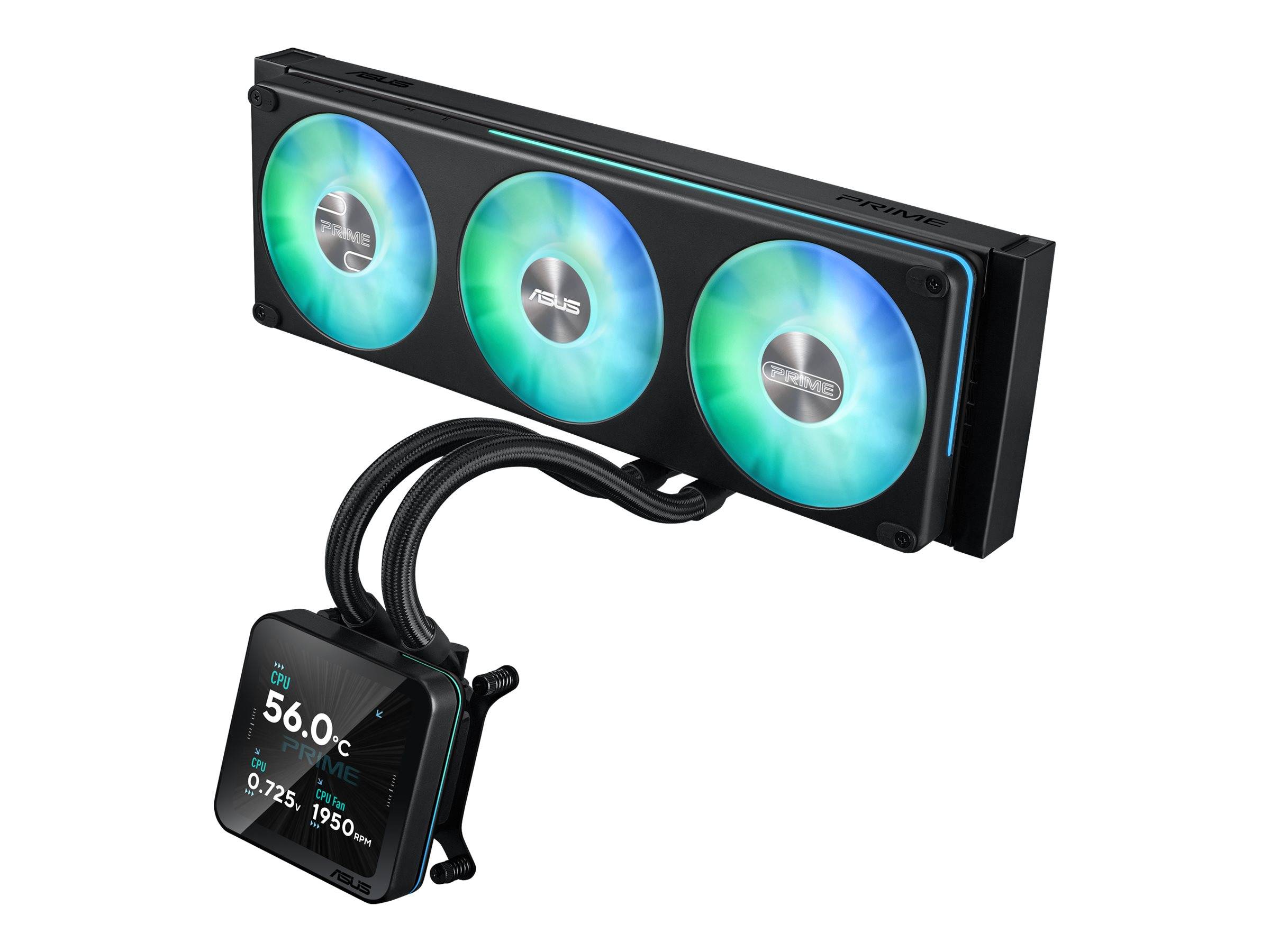 Dreifach-Lüfter-ASUS-Flüssigkeits-CPU-Kühler mit RGB-beleuchteten Lüftern und einem quadratischen digitalen Display, das Temperatur- und Lüfter-/Pumpendaten anzeigt.