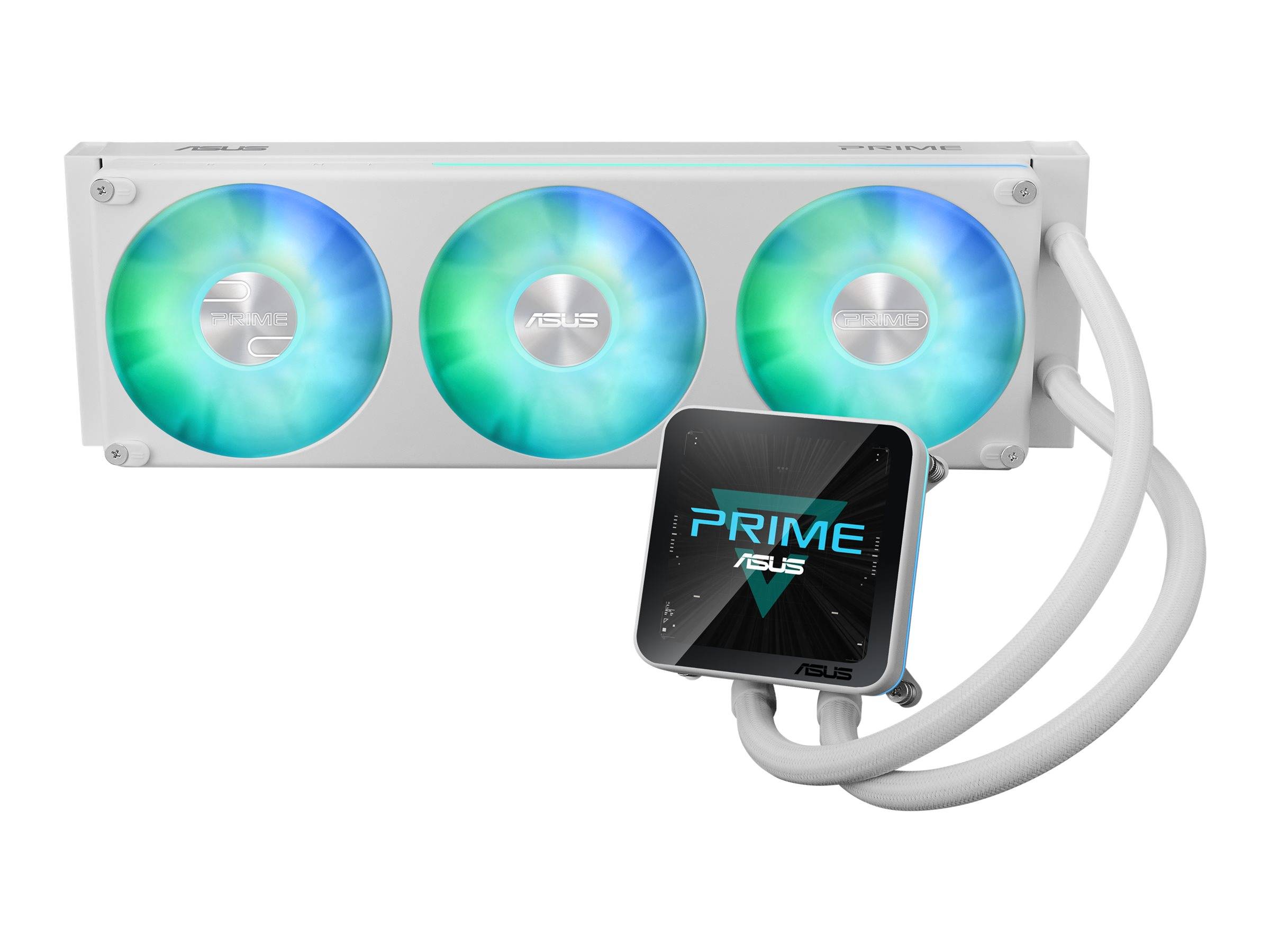 ASUS Flüssigkeits-CPU-Kühler mit drei RGB-beleuchteten Lüftern und einem quadratischen Pumpenblock mit der Aufschrift PRIME ASUS auf weißem Schlauch.